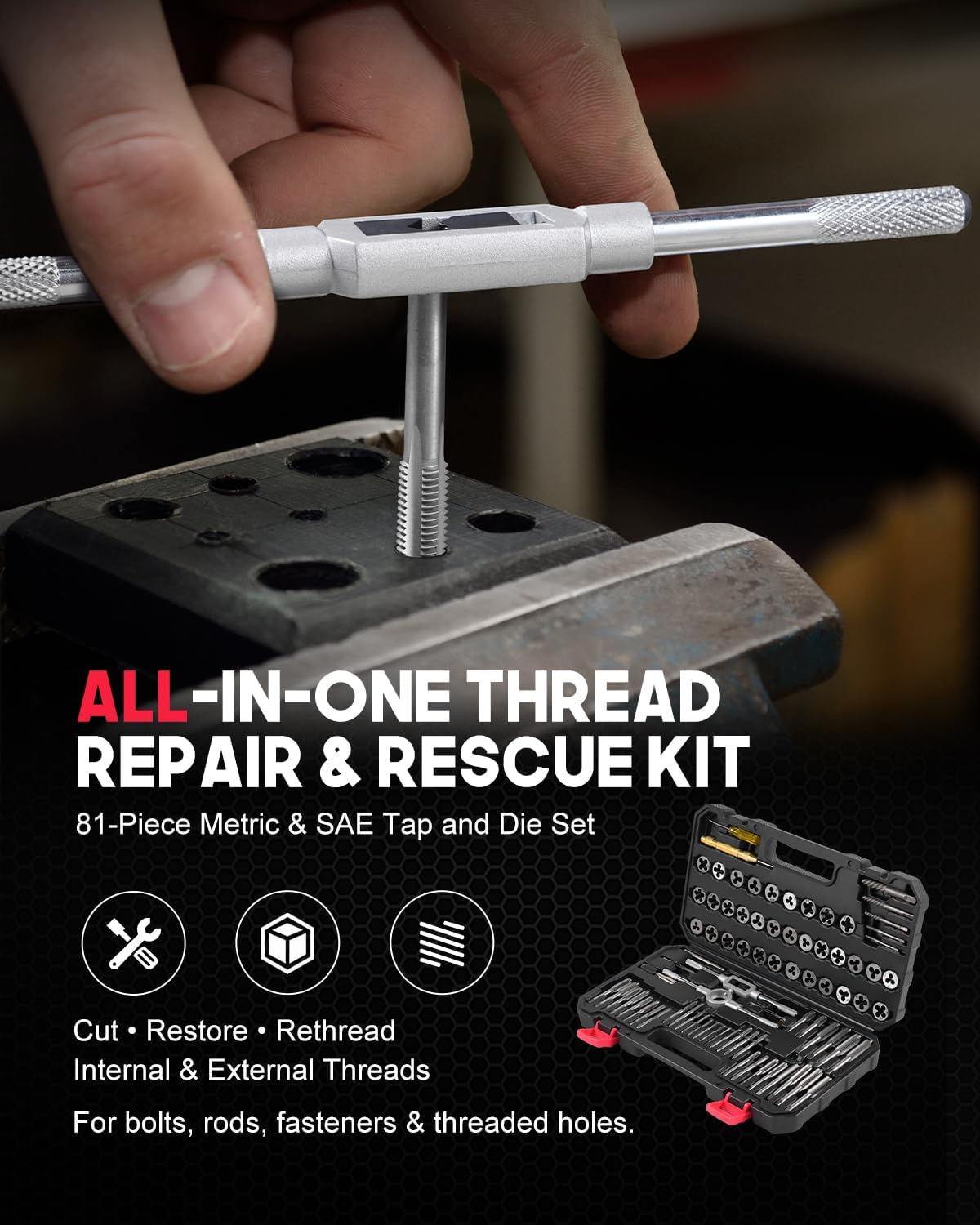 81 Piece SAE and Metric Tap and Die Thread Repair Set view 2