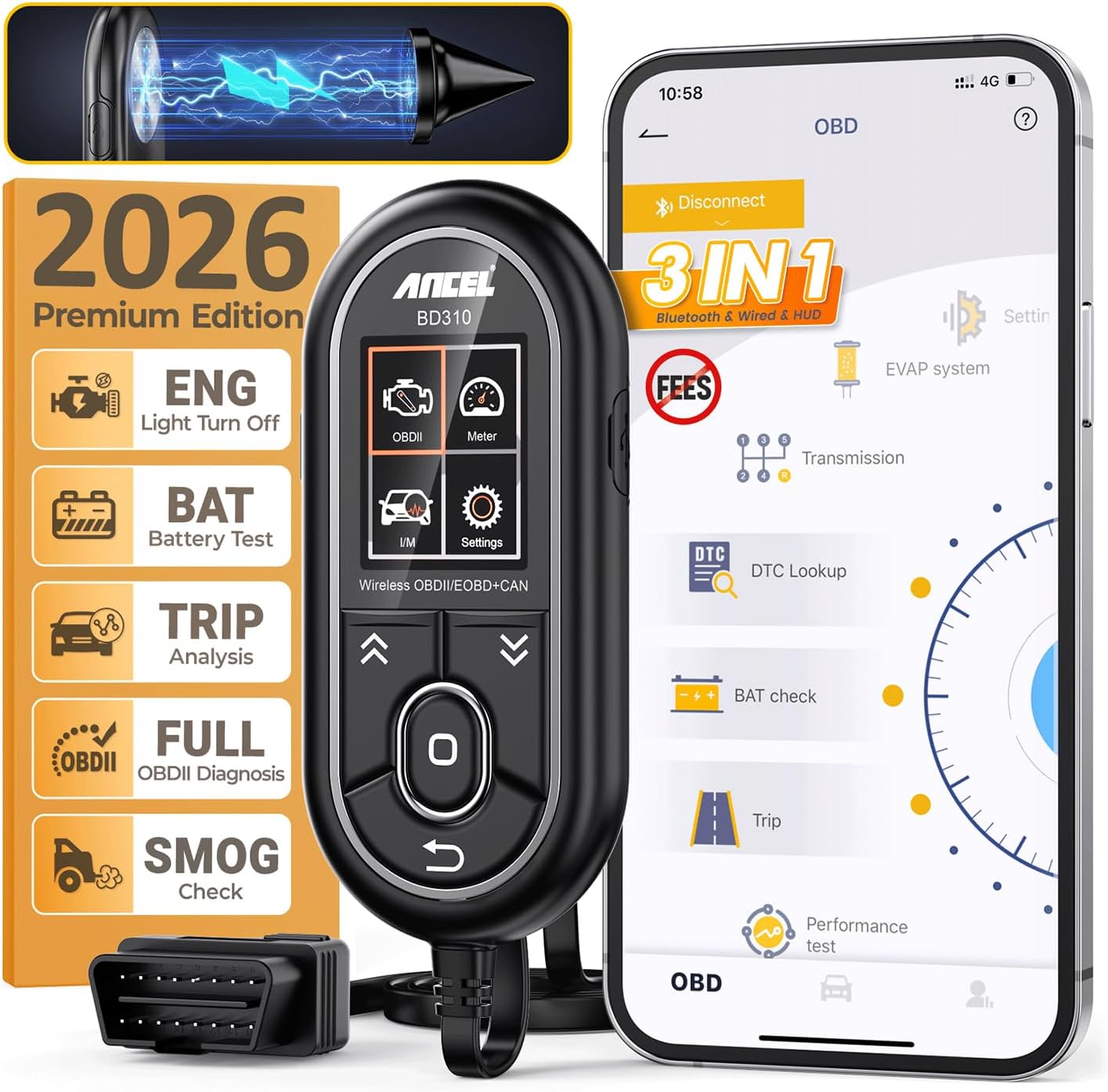 ANCEL BD310 Bluetooth OBD2 Scanner and Battery Voltage Tester