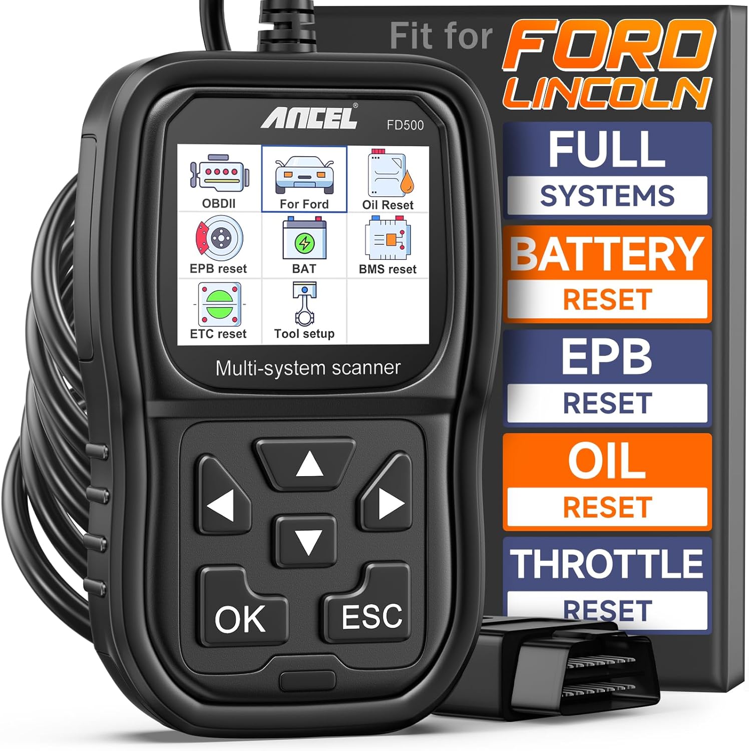 ANCEL FD500 Ford Lincoln Mercury Full-System OBD2 Scanner - Engine, Transmission, ABS, SRS, 4WD Diagnostics