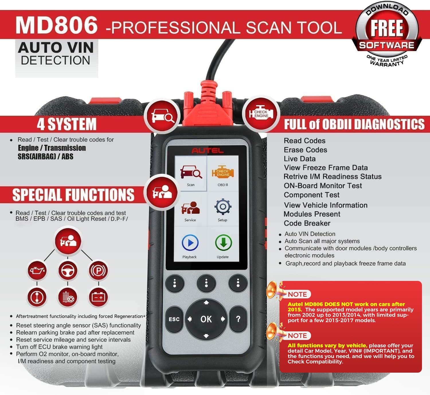 Autel MD806 Transmission ABS SRS Engine Scan Tool view 2