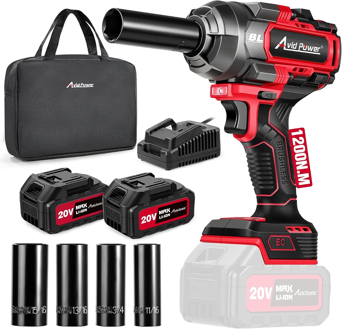AVID POWER 20V Brushless 1/2 in. Impact Wrench Kit 900 ft-lbs