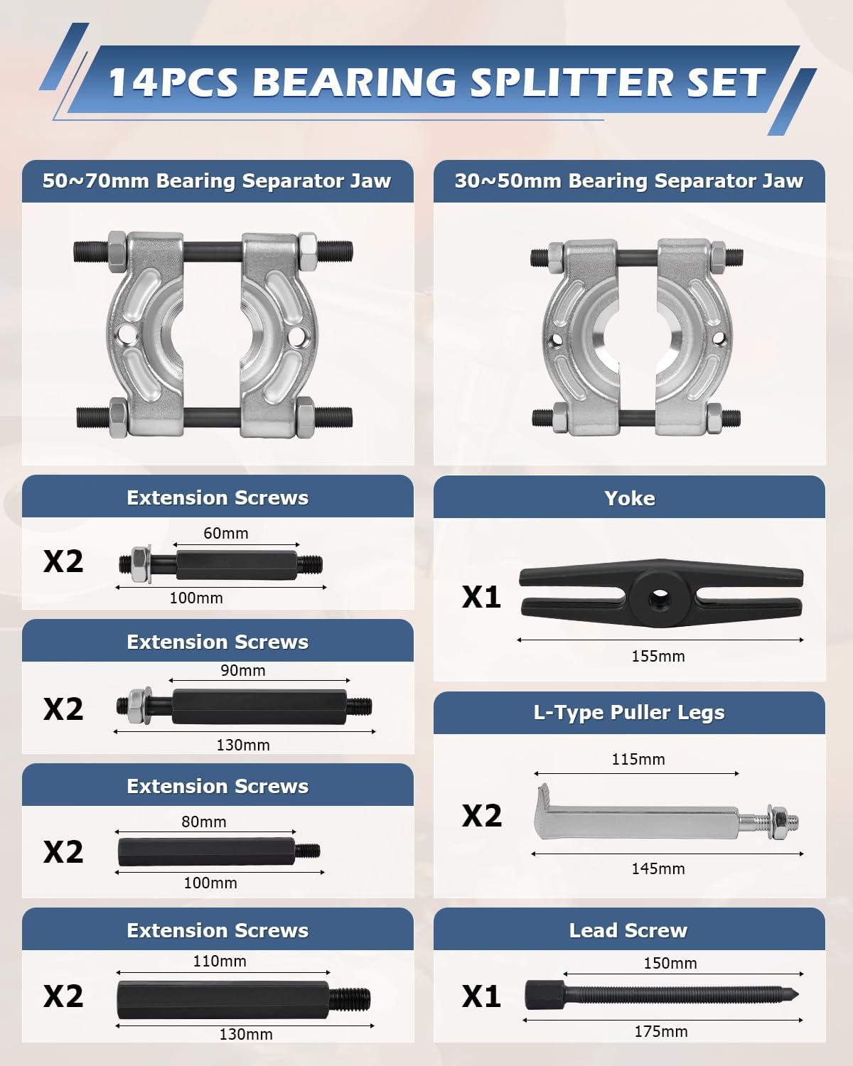 14-Piece Bearing Separator and Puller Set, 5-Ton Drop-Forged with 2 in and 3 in Splitters view 2