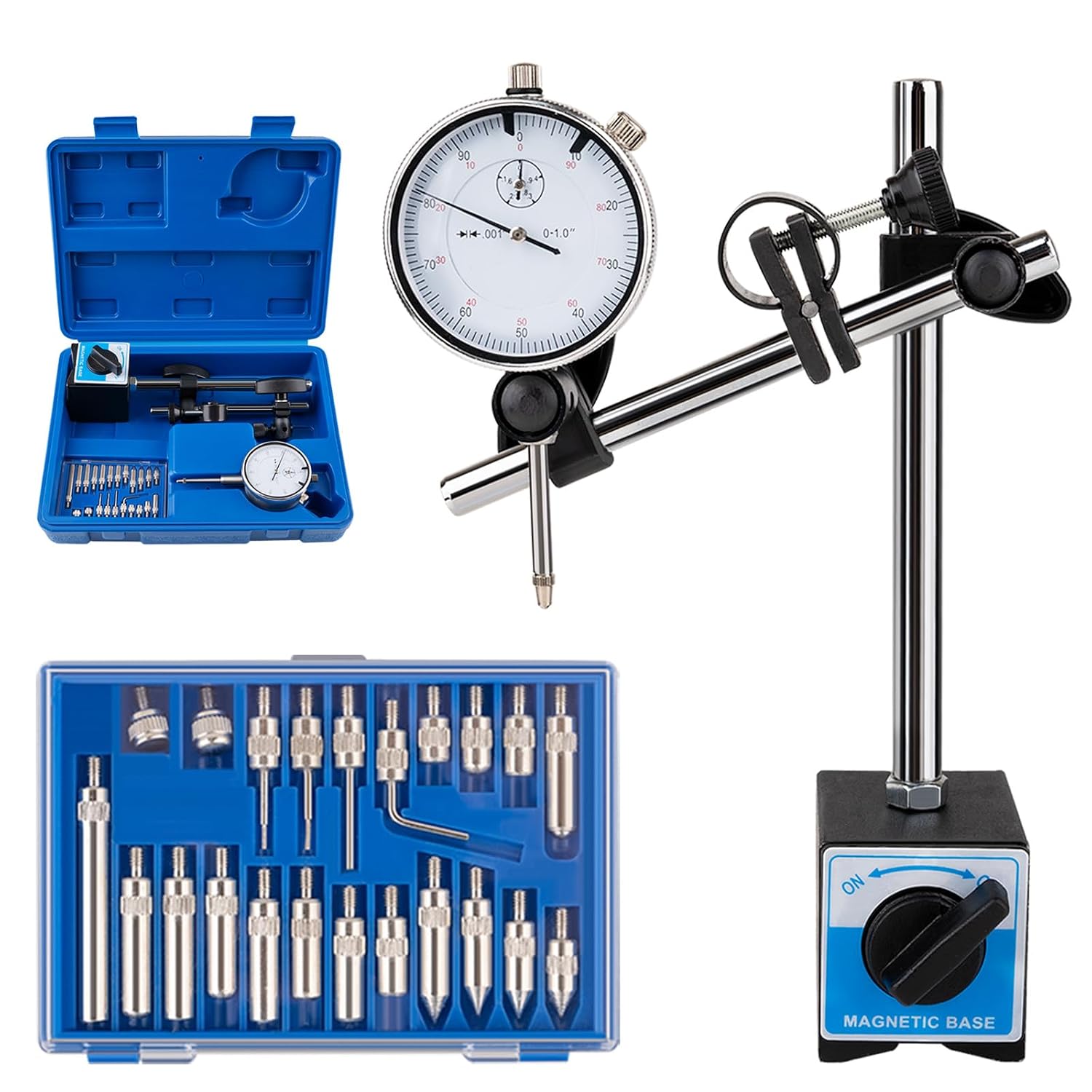 0-1 Inch Dial Indicator with Magnetic Base for Measuring Transmission Endplay and Gear Backlash