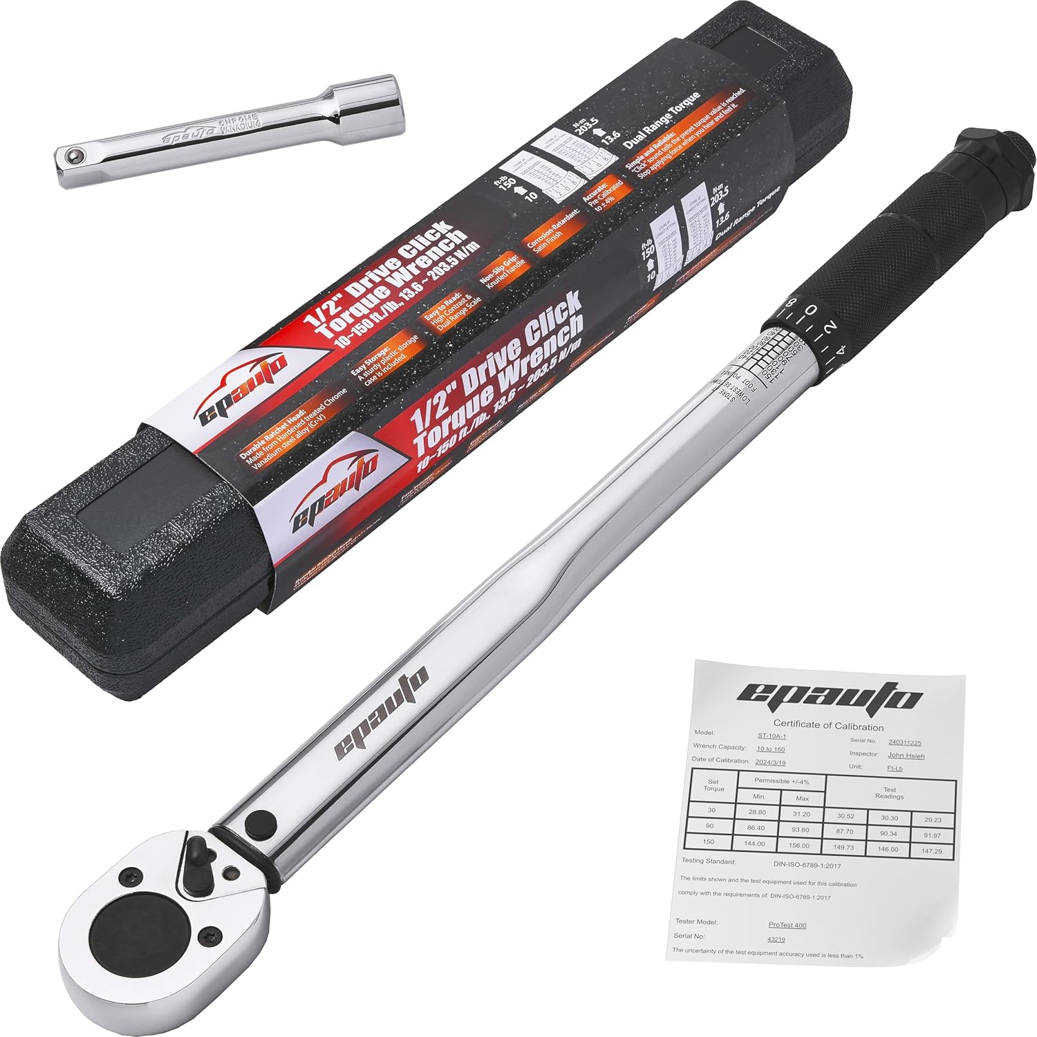 EPAuto 1/2-Inch Drive Click Torque Wrench, 10-150 ft-lb / 13.6-203.5 Nm, with 5-Inch Extension
