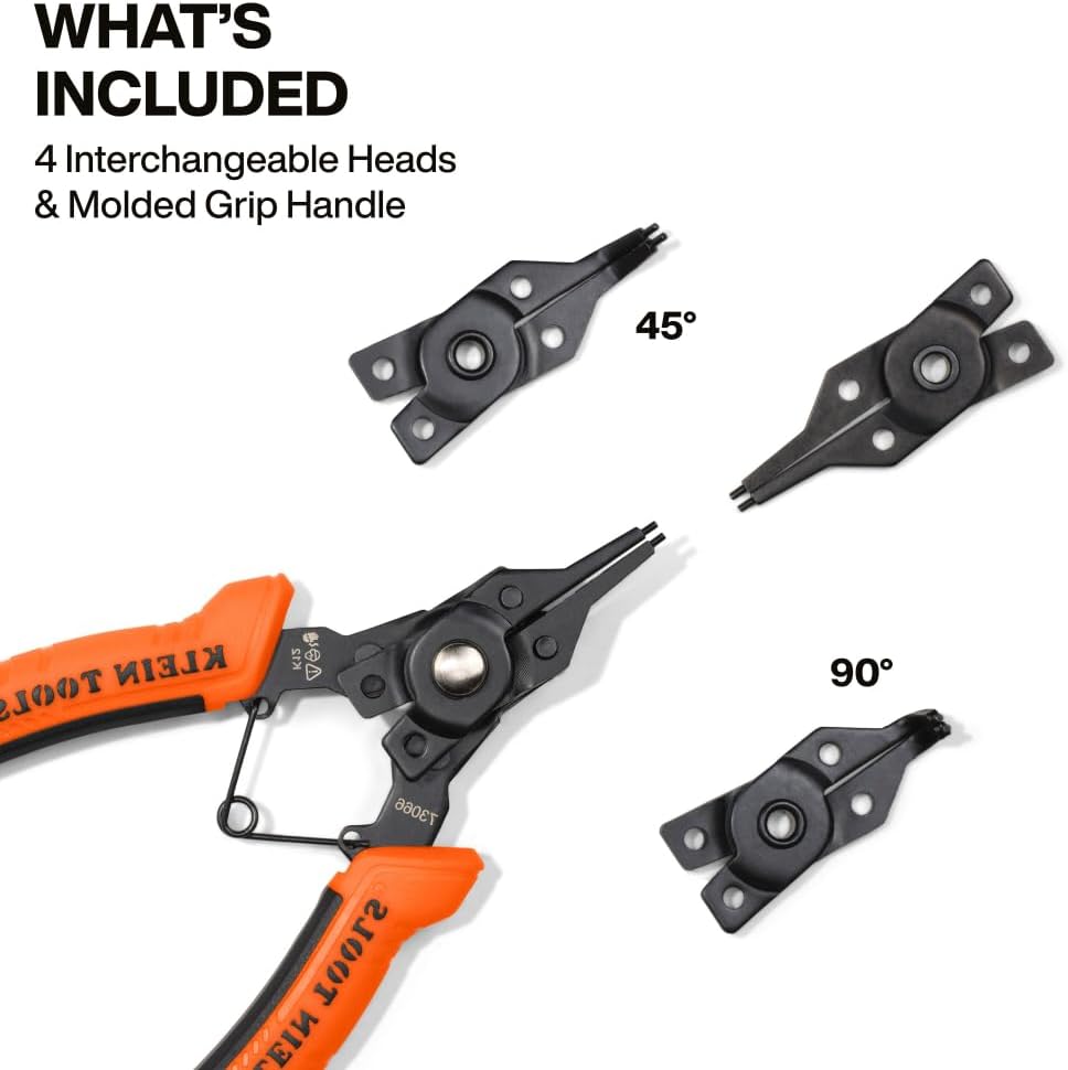 Klein Tools 73066 Convertible Snap Ring Pliers Set, 6-in-1 Internal/External, 4 Interchangeable Heads (Straight, 45 and 90 Degree) view 2