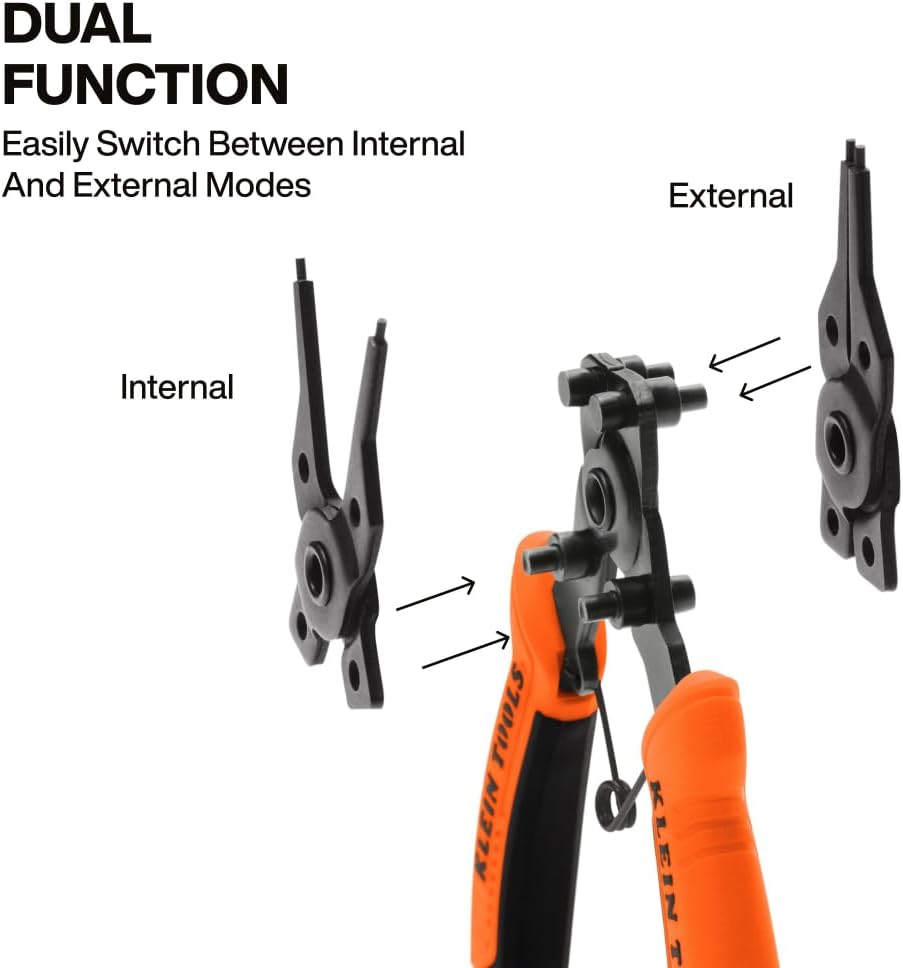 Klein Tools 73066 Convertible Snap Ring Pliers Set, 6-in-1 Internal/External, 4 Interchangeable Heads (Straight, 45 and 90 Degree) view 3