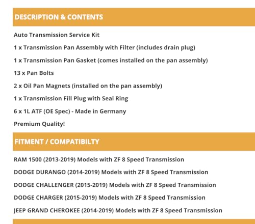 ZF 8HP70 Transmission Pan, Filter & ATF Kit RAM/Jeep/Dodge view 2