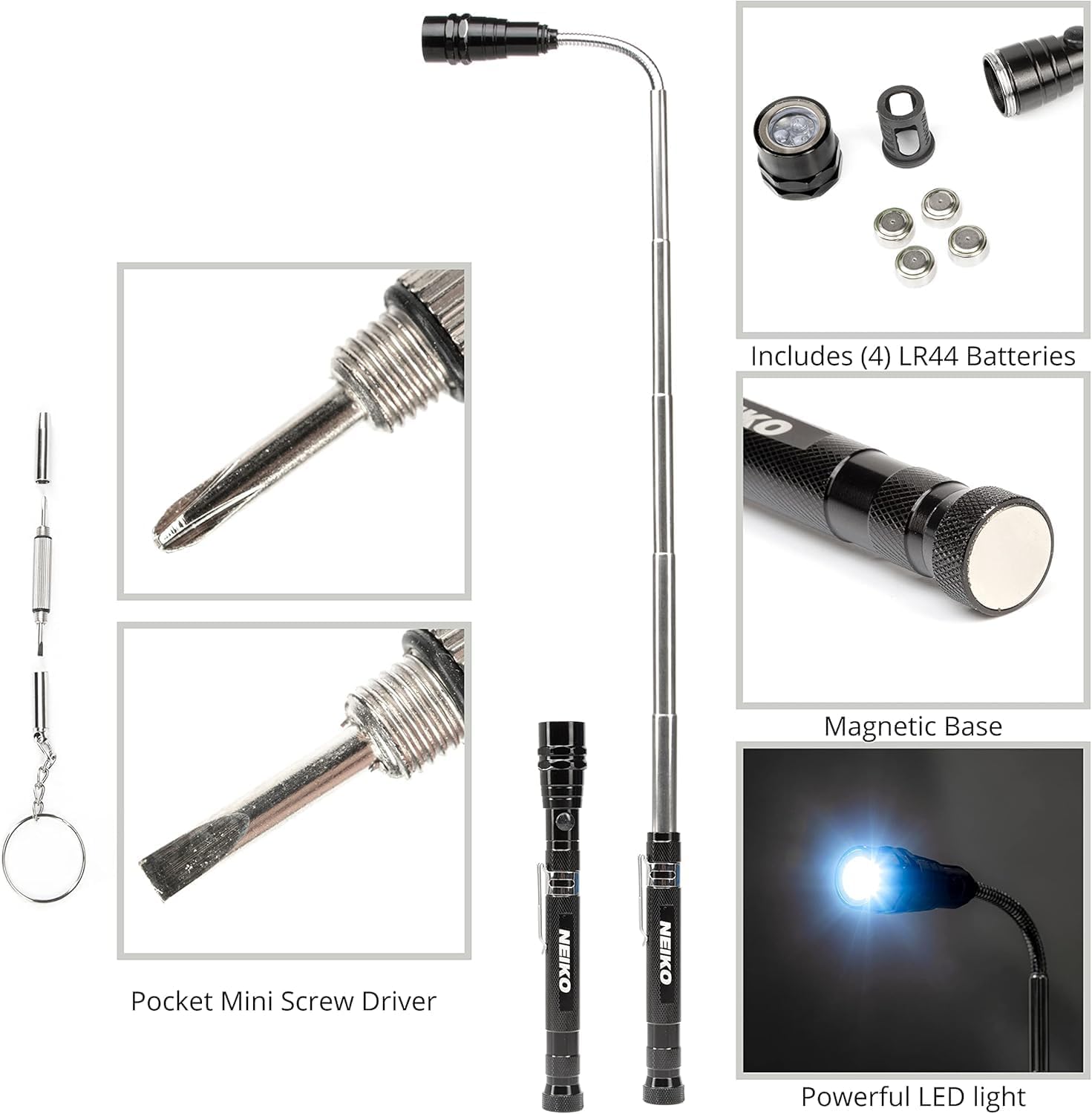 NEIKO 20736A 6-Piece Magnetic Pickup Tool and Telescoping Inspection Mirror Set with LED Flashlight view 3