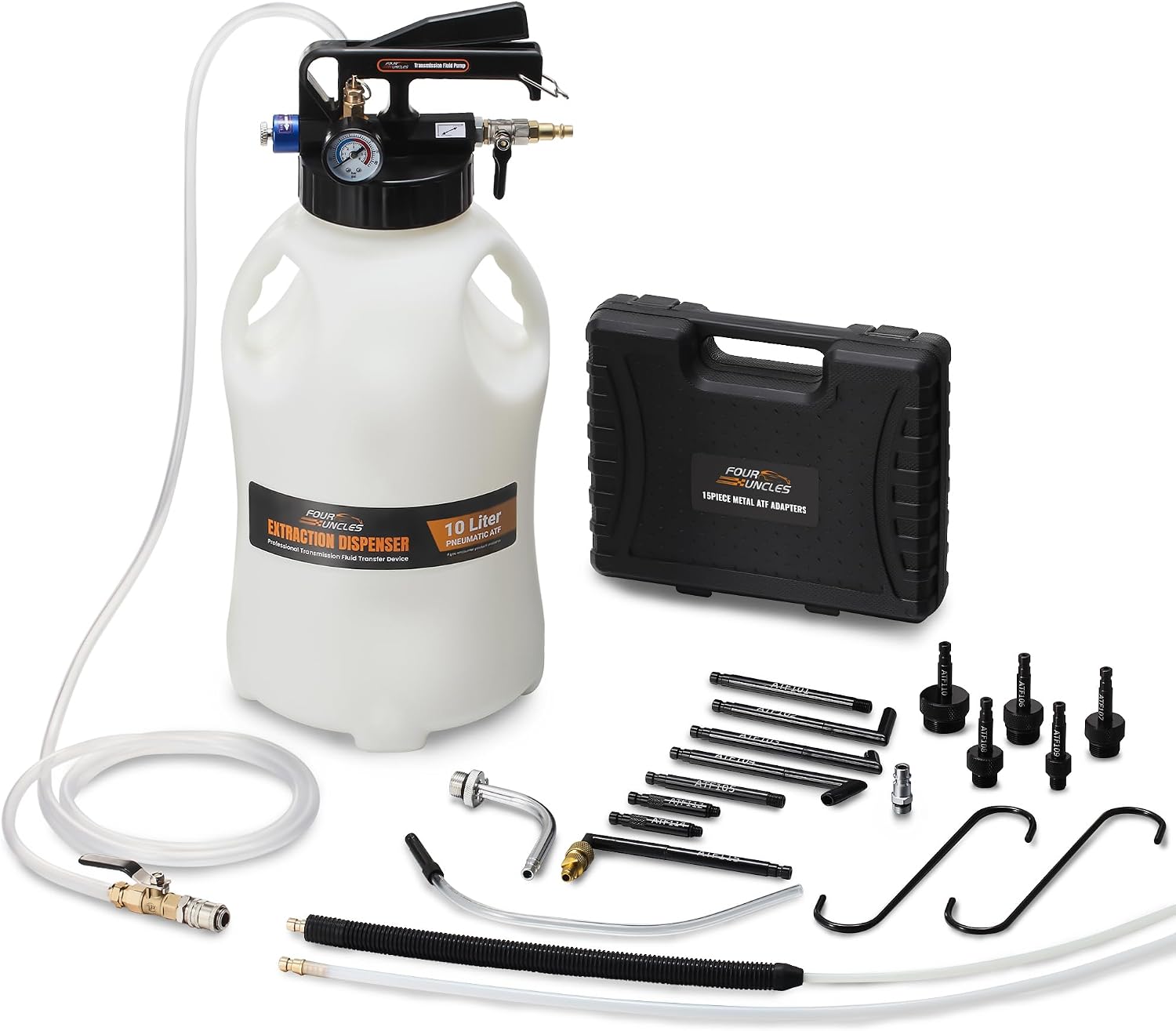 Pneumatic Transmission Fluid Extractor and Dispenser, 2.6-Gallon Air-Powered Tank with 15 ATF Adapters and Pressure Gauge