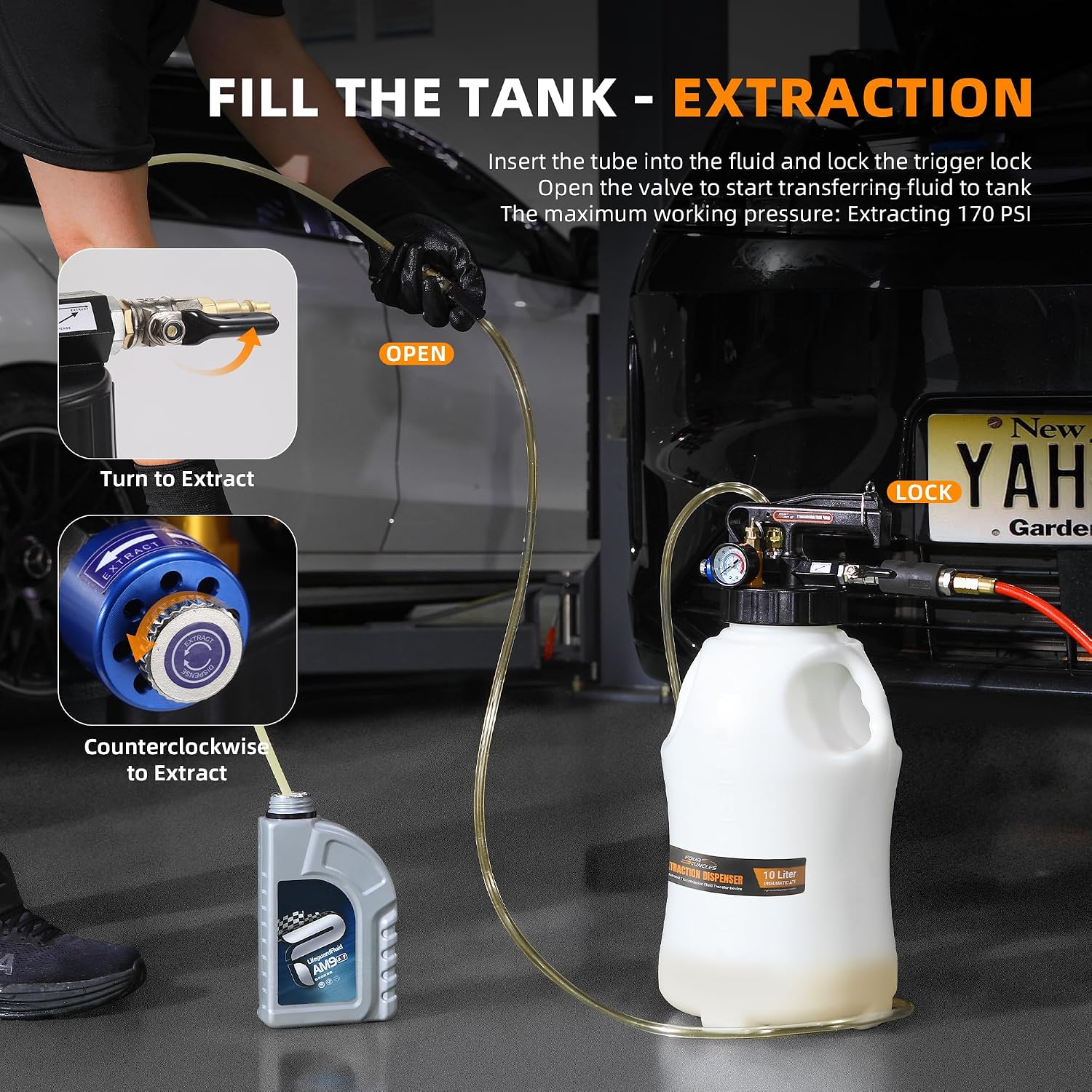 Pneumatic Transmission Fluid Extractor and Dispenser, 2.6-Gallon Air-Powered Tank with 15 ATF Adapters and Pressure Gauge view 2