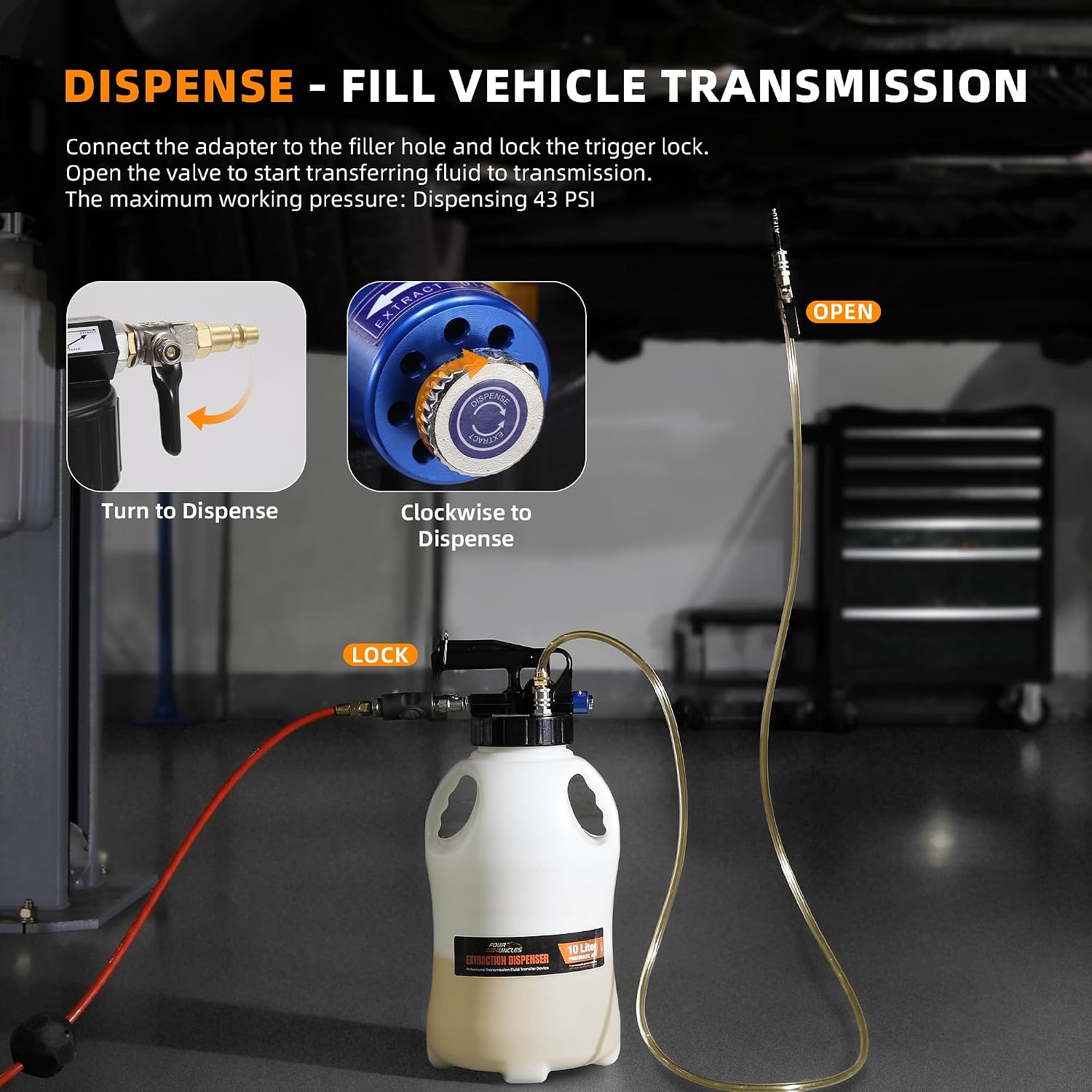 Pneumatic Transmission Fluid Extractor and Dispenser, 2.6-Gallon Air-Powered Tank with 15 ATF Adapters and Pressure Gauge view 3