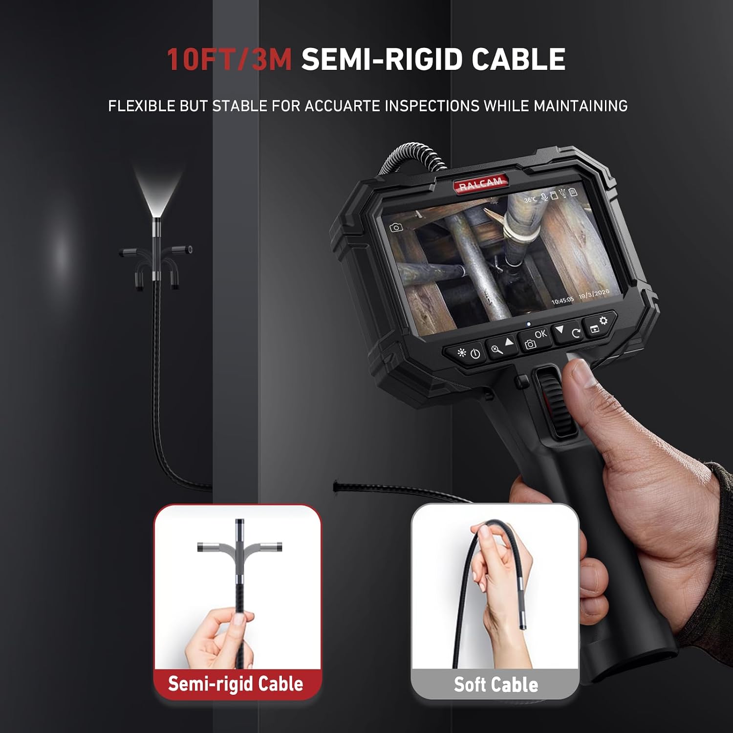 Articulating Borescope, 8.5mm Probe, 10FT, 5in Screen view 2