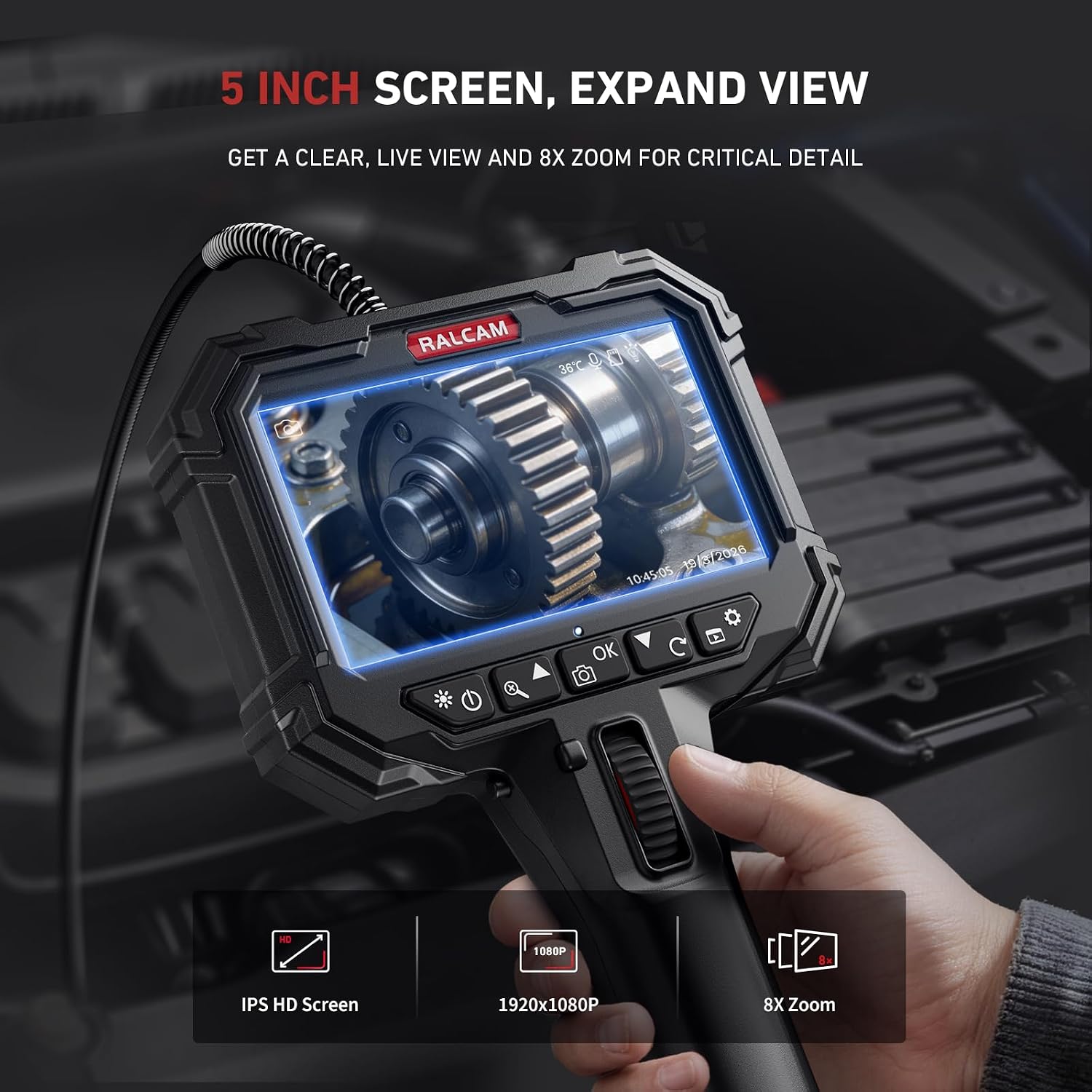 Articulating Borescope, 8.5mm Probe, 10FT, 5in Screen view 3