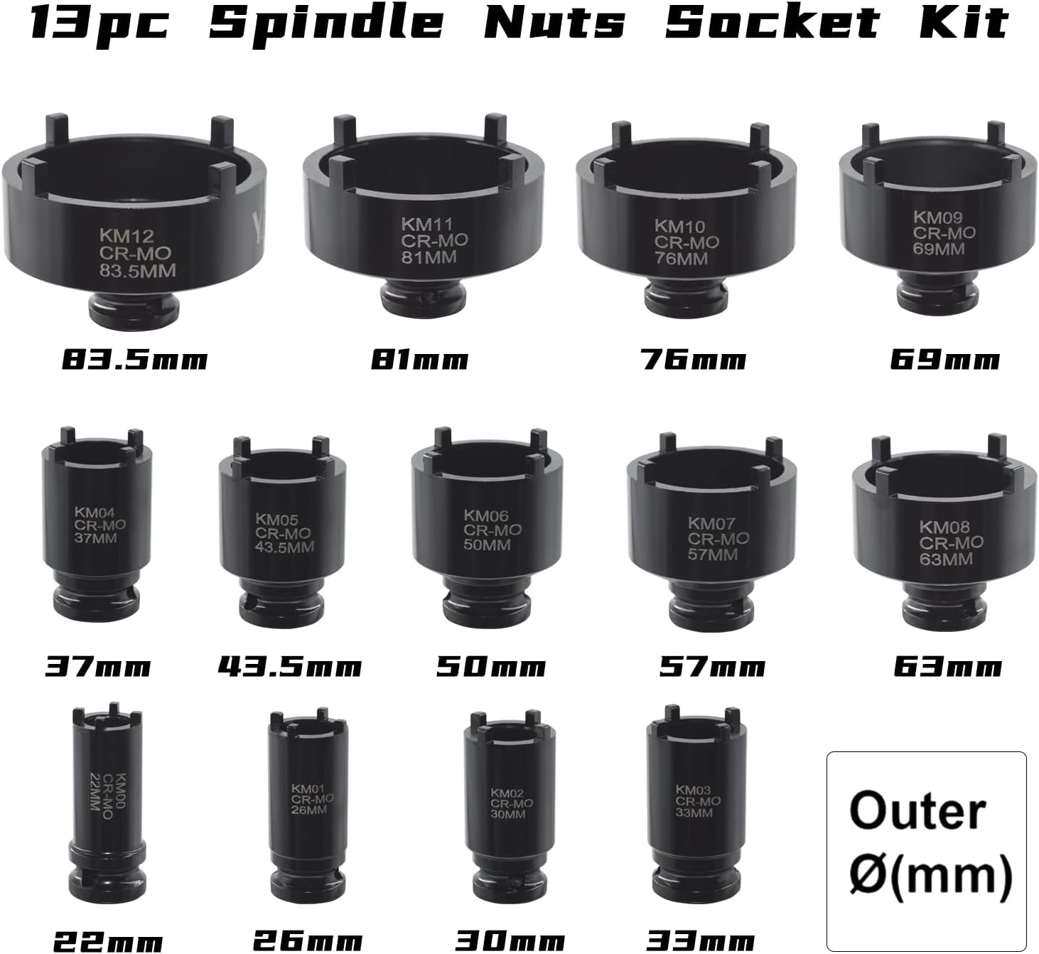 13-Piece Spindle Nut Socket Set, 22-83.5mm 4-Tooth view 2