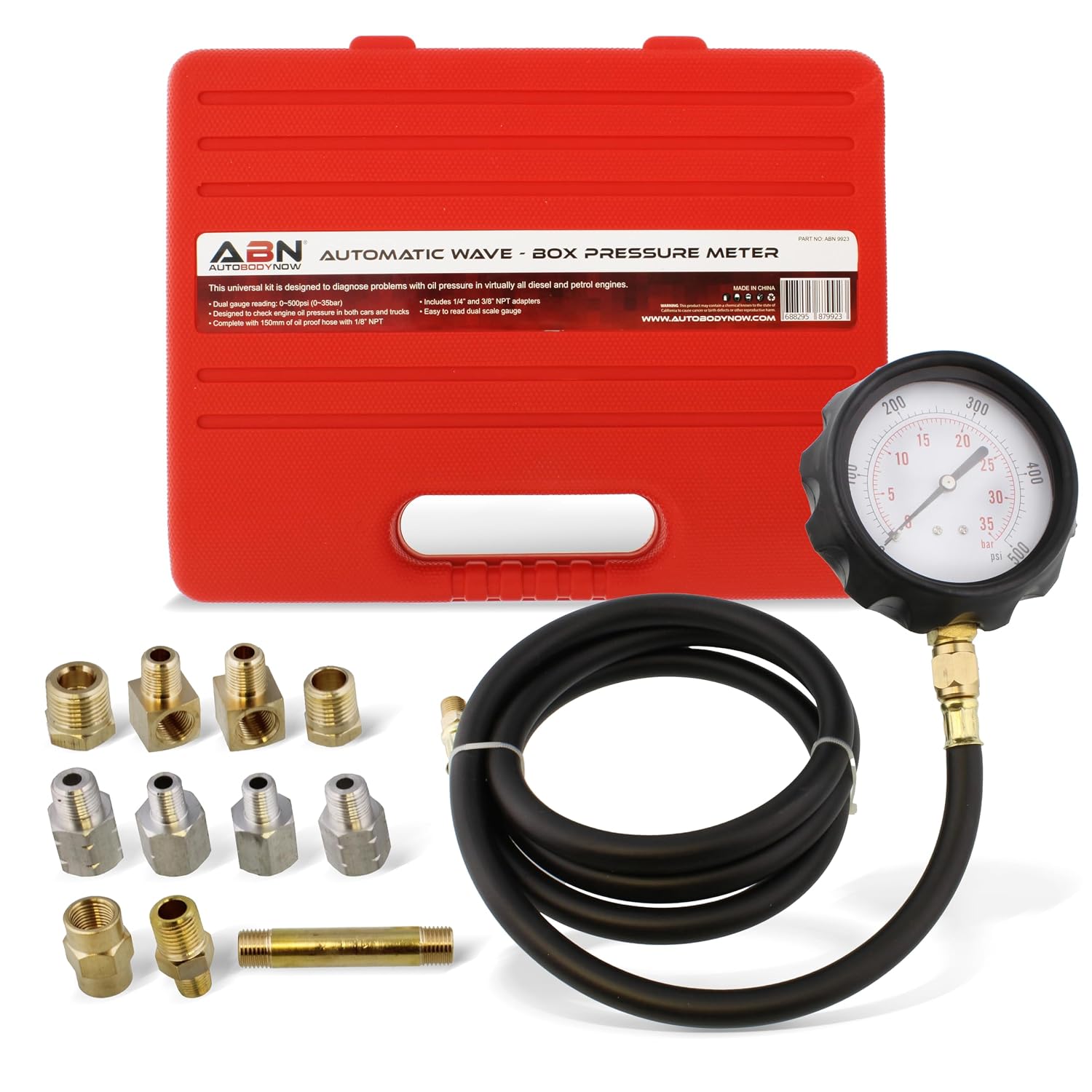 Engine Oil and Transmission Fluid Pressure Tester Kit, 500 PSI / 35 Bar Gauge with 60-Inch Hose and Brass Adapters