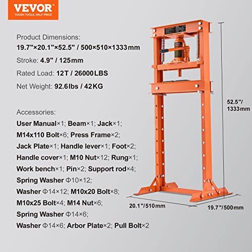 12-Ton H-Frame Hydraulic Shop Press, Adjustable Height view 3