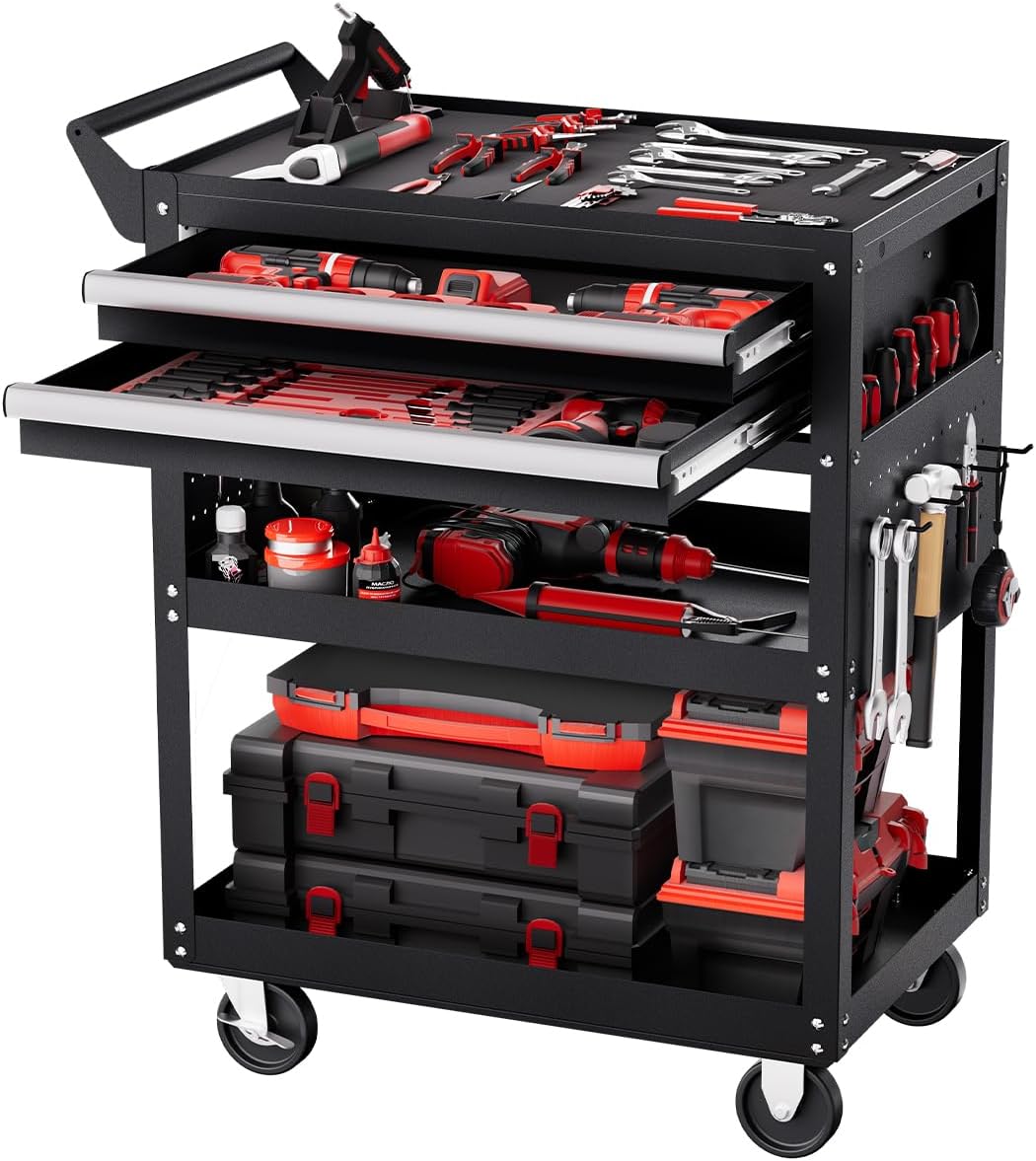 5-Tier Rolling Tool Cart, 400 lb, 2 Lockable Drawers