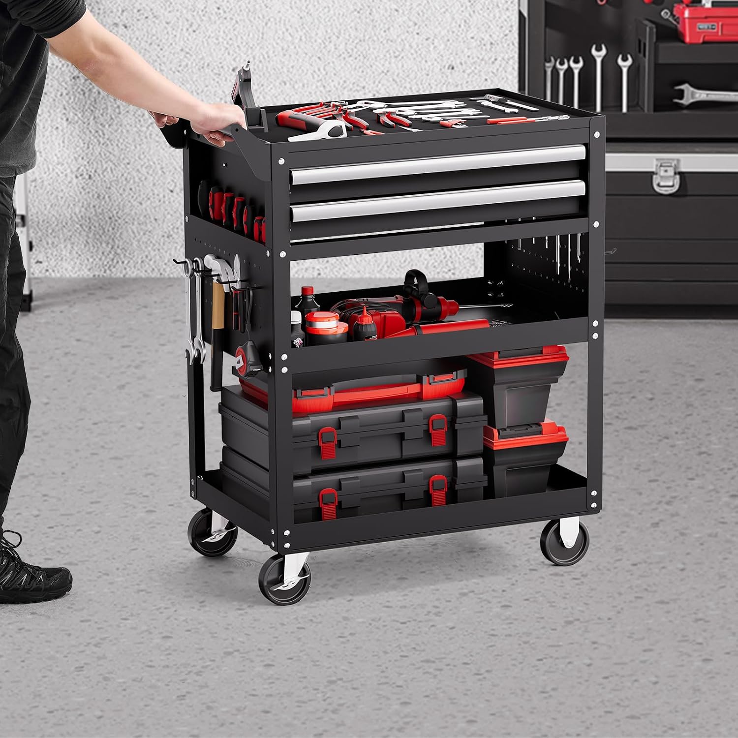 5-Tier Rolling Tool Cart, 400 lb, 2 Lockable Drawers view 2