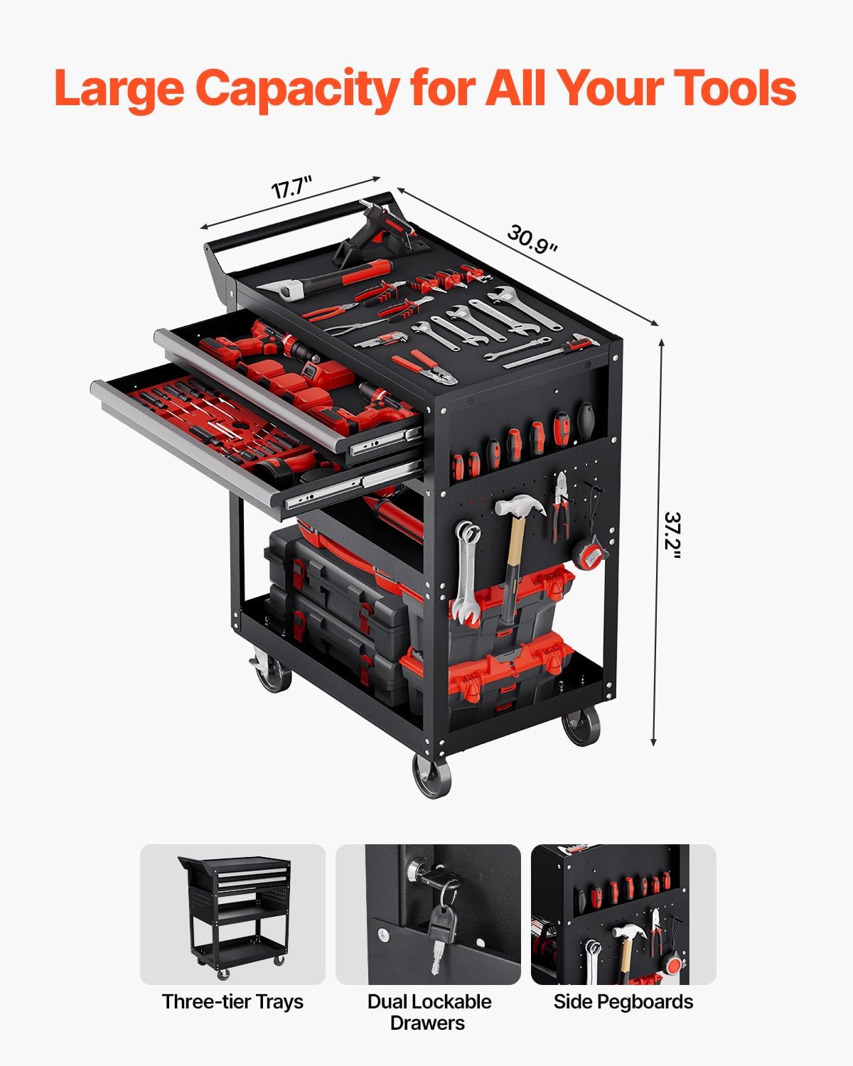 5-Tier Rolling Tool Cart, 400 lb, 2 Lockable Drawers view 3
