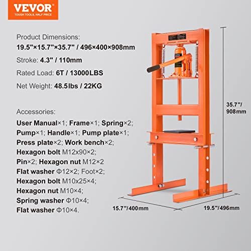 VEVOR 6-Ton H-Frame Hydraulic Shop Press with Plates view 2