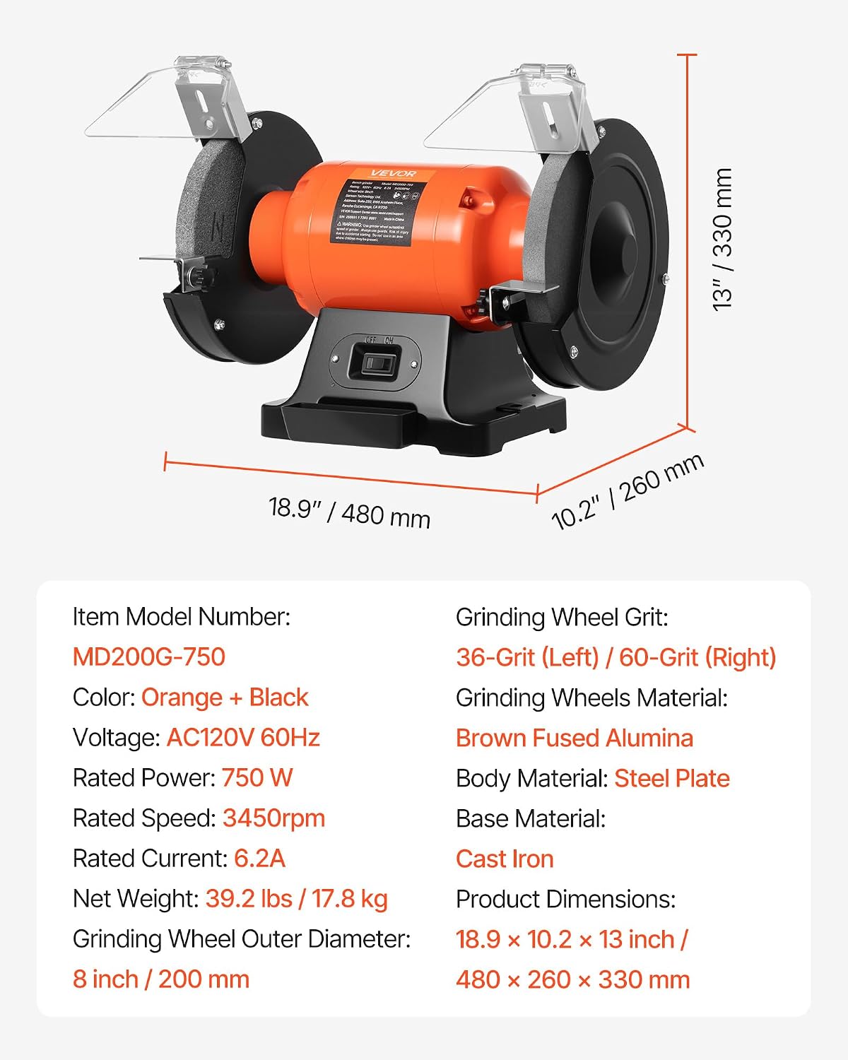 8 Inch Bench Grinder, 750W 3450 RPM, Cast Iron Base view 2