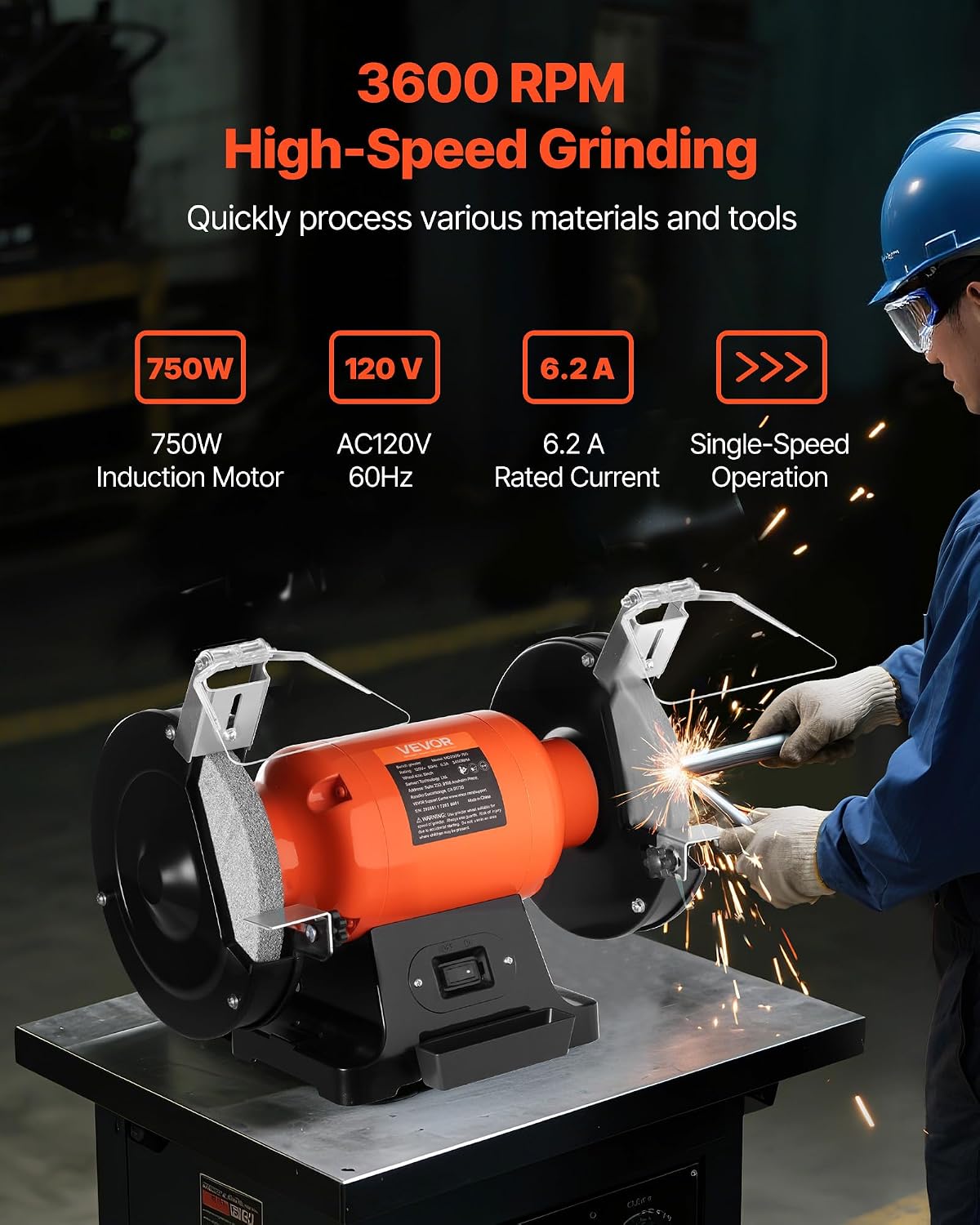 8 Inch Bench Grinder, 750W 3450 RPM, Cast Iron Base view 3